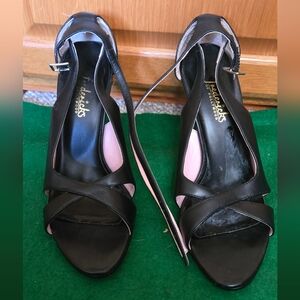 Fredericks Of Hollywood Size 8M Black Leather Open Toe Ankle Strip 4" Stilletto